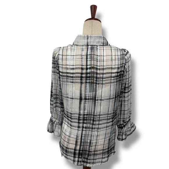 NEW BCX Plaid Layered Blouse Size Medium White Black Sheer Overlay Shirt NWT - Picture 6 of 10